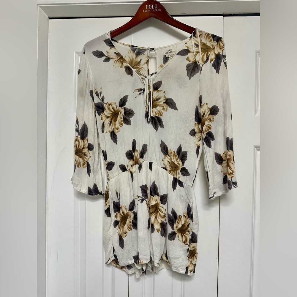 Floral Print Romper Dress with Tie Neck